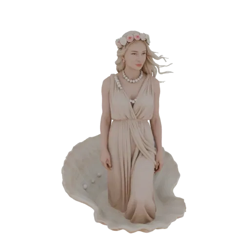 3D model of the goddess Venus, depicted as if emerging from a large seashell, wearing a floral crown and pearl necklace.