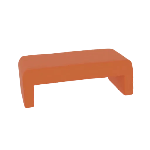 A 3D render of a modern, minimalist orange bench with a sleek, curved design and U-shaped supports.