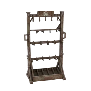 3D model of a rusty metal weapon rack with multiple hooks and a star emblem on top, against a white background.