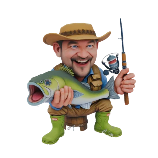 3D model of a caricature fisherman in a cowboy hat, holding a large bass and a fishing rod, sitting on a stool.