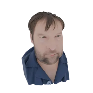 3D model render of a man with short brown hair and beard, wearing a blue collared shirt.