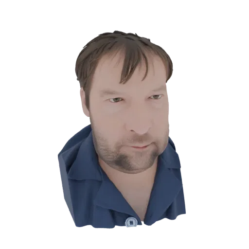 3D model render of a man with short brown hair and beard, wearing a blue collared shirt.
