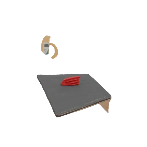 A 3D render of a stylized red winged creature with intricate wing details, standing on a dark, textured platform against a bl