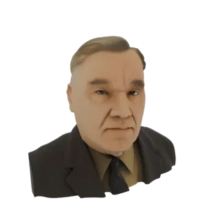 Render de modelo 3D del busto de un hombre de mediana edad, con traje oscuro y corbata, expresión seria.