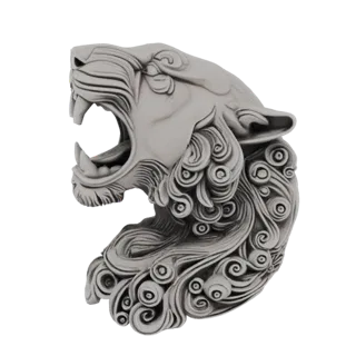 Modèle 3D d'une tête de tigre rugissant avec une crinière stylisée et tourbillonnante, présenté sur fond blanc.