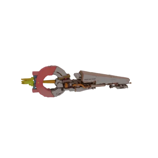 3D model of a futuristic energy weapon with a red circular grip, yellow energy conduits, and a detailed metallic barrel.