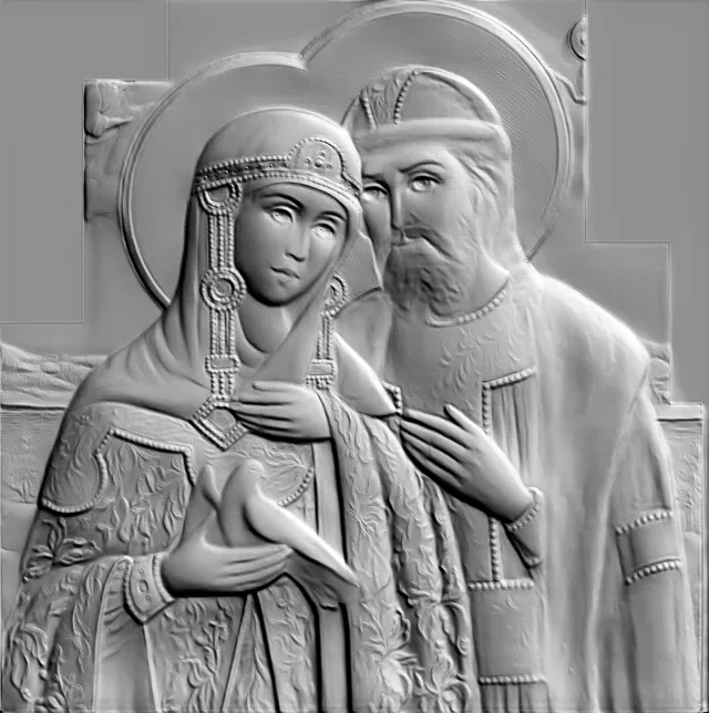 3D model of the bas-relief of Saints Peter and Fevronia of Murom holding a dove, in the style of Russian iconography