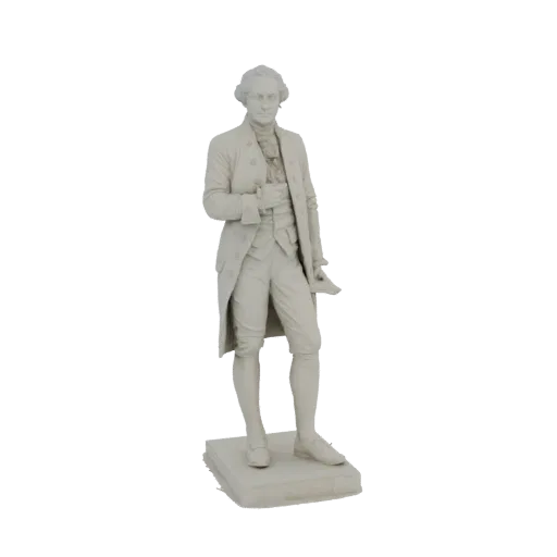 3D model of the Thomas Jefferson statue, depicted in a light stone material, standing on a square base.