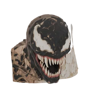 3D-Modell-Render der Venom-Maskenbüste, die ihr schwarz-weißes Gesicht mit einem breiten, zahnigen Grinsen und roter Zunge ze