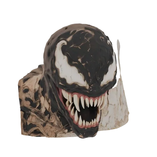 Renderizado del modelo 3D del busto de la máscara de Venom, mostrando su rostro blanco y negro con una amplia sonrisa de dien