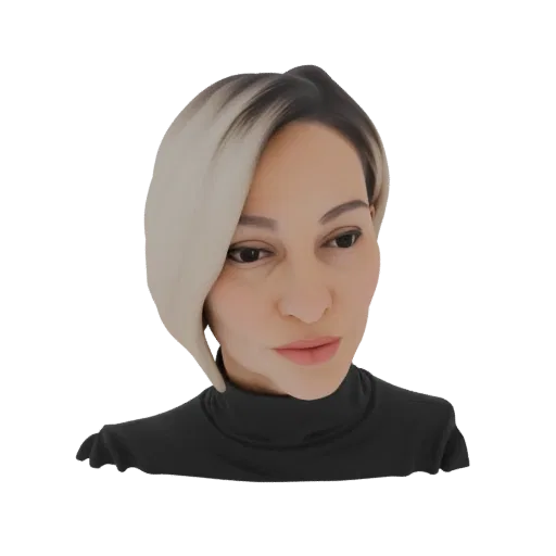 3D model of an AI-generated woman with blonde highlights in her hair and a black turtleneck, looking slightly to the side.