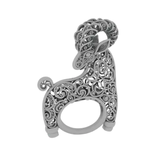 3D model of a ram ring with intricate filigree body and detailed horns, presented on a white background.