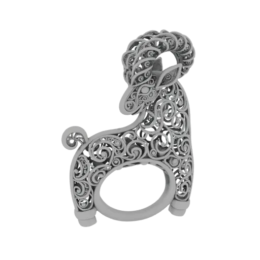 3D model of a ram ring with intricate filigree body and detailed horns, presented on a white background.