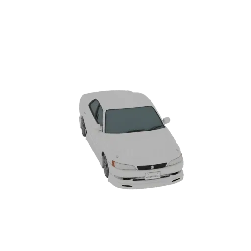 A 3D render of a white sedan, viewed from a slightly elevated front-right angle, against a plain background.