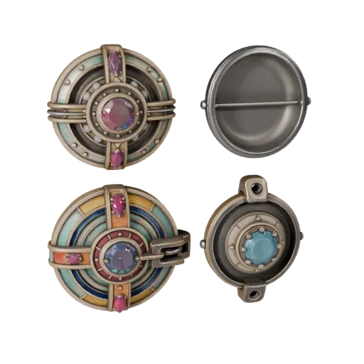 Vintage Brooch game ready 3D model, side view studio render, with calibrated brooch silhouette and material reads.