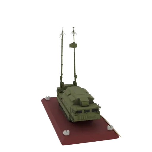 3D model of a green BTR-80 armored personnel carrier on a red display base, featuring two tall antennas.