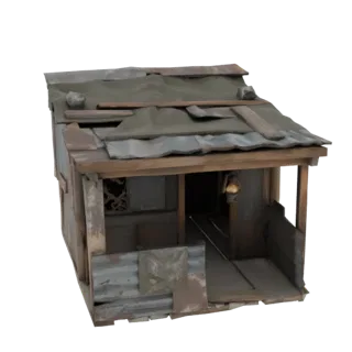 Modèle 3D d'une petite cabane délabrée avec un extérieur en bois vieilli, des patchs en tôle ondulée et une lanterne suspendu