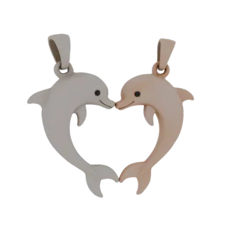 3D model of two dolphins forming a heart shape, one white and one rosy, with loops for pendants.