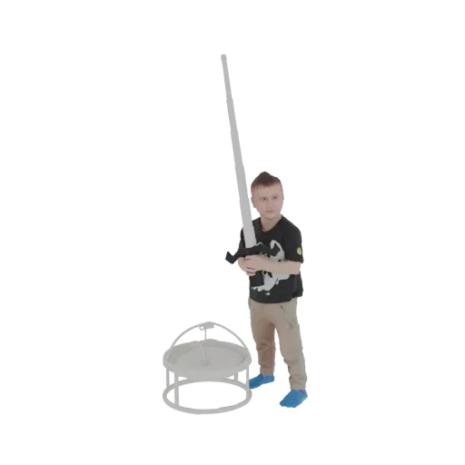 3D model of a young boy holding a large sword, standing next to a baby walker.