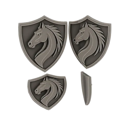 3D model of a silver horse emblem, featuring a horse's head in profile within a shield shape, with a metallic finish.