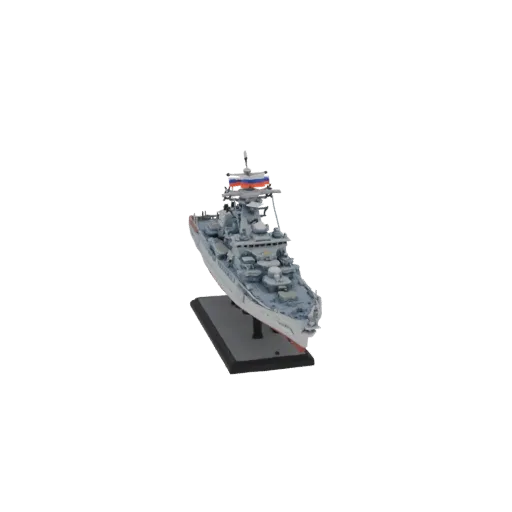 1:24 scale 3D model of the Russian warship "Neukrotimyy" on a stand, with St. Andrew's flag and hull inscriptions.