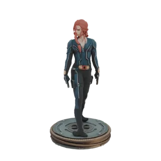 3D model of Black Widow in a tactical suit, holding two pistols, standing on a circular base.