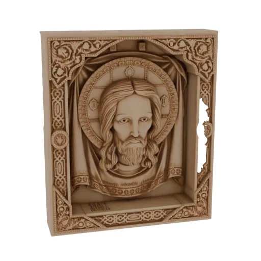 3D model render of a relief sculpture depicting Jesus Christ in an iconographic style, with ornate borders and draped fabric