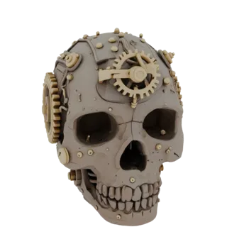 A 3D render of a steampunk mechanical skull with visible gears and metallic details, presented on a white background.