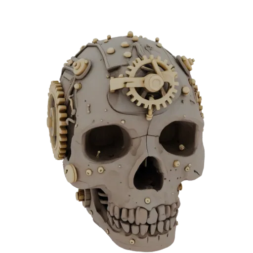 A 3D render of a steampunk mechanical skull with visible gears and metallic details, presented on a white background.