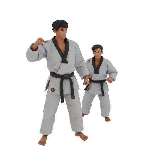 Modello 3D di due figure di taekwondo in kimono bianchi, una più grande e davanti, l'altra più piccola e dietro, entrambe in