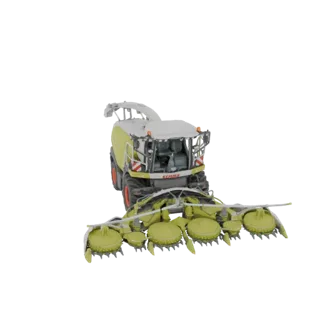 Modèle 3D d'une moissonneuse-batteuse Claas Jaguar 960, vu de face droite, montrant sa tête de récolte et son corps principal