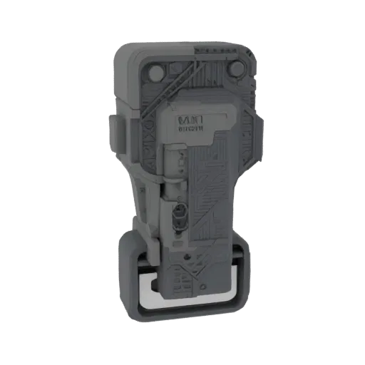 3D model of a gray, sci-fi inspired belt clip designed for a WLN KD-C1 radio, featuring intricate paneling and mechanical det