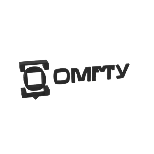 Modelo 3D do logo OMTY, com emblema geométrico e letras extrudadas em acabamento escuro e fosco.