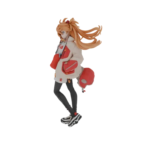 3D model of Asuka Langley Soryu in a casual outfit, wearing a white hoodie with red accents and dark leggings, with her orang