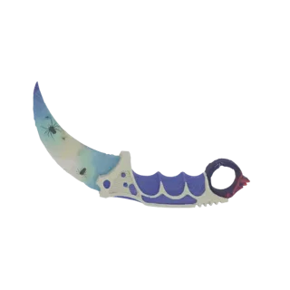 Modelo 3D de uma faca Karambit com design de aquarela azul, amarelo e branco apresentando aranhas pretas na lâmina e cabo azu