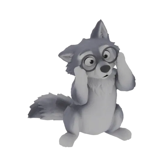 A 3D render of a cute, grey cartoon wolf wearing round glasses, sitting with its paws near its face in a curious pose.