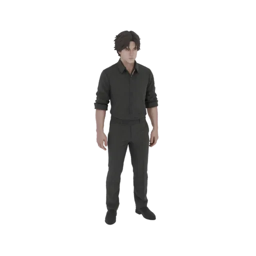 3D model of a man wearing a dark suit, standing with his hands at his sides, against a white background.