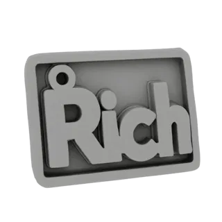 A 3D render of a gray, rectangular plaque with the word 'Rich' embossed in a bold font, featuring a small loop for hanging.
