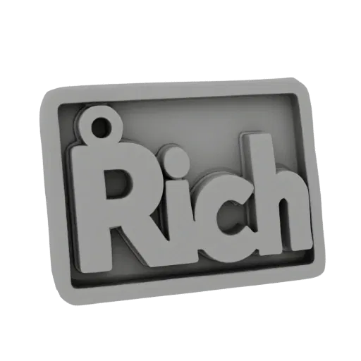 A 3D render of a gray, rectangular plaque with the word 'Rich' embossed in a bold font, featuring a small loop for hanging.