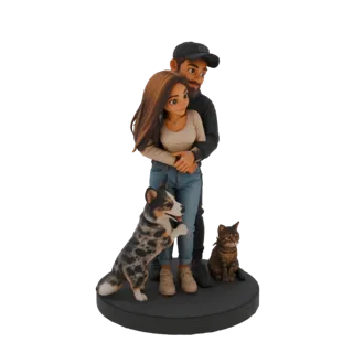 3D-Modell eines sich umarmenden Paares mit einem Corgi-Hund und einer Tabby-Katze zu ihren Füßen, in stilisierter, cartoonhaf