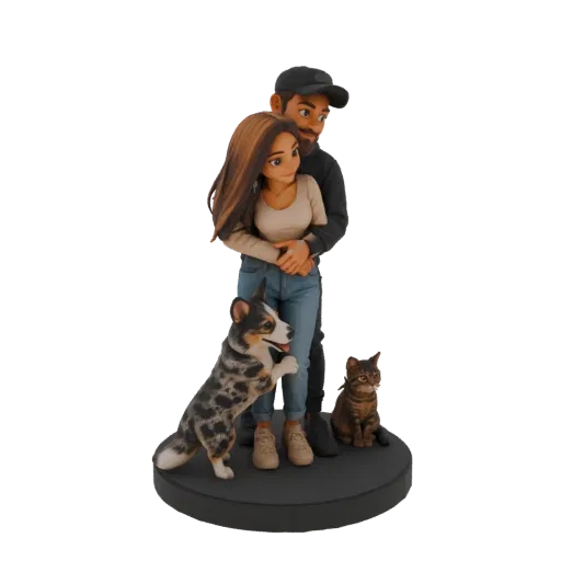 Modelo 3D de um casal se abraçando, com um cão Corgi e um gato malhado aos seus pés, renderizado em uma estética estilizada e