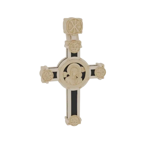 Modello 3D di una croce ortodossa con iconografia dettagliata della Vergine Maria e Bambino, e simbolo Chi-Rho in alto.