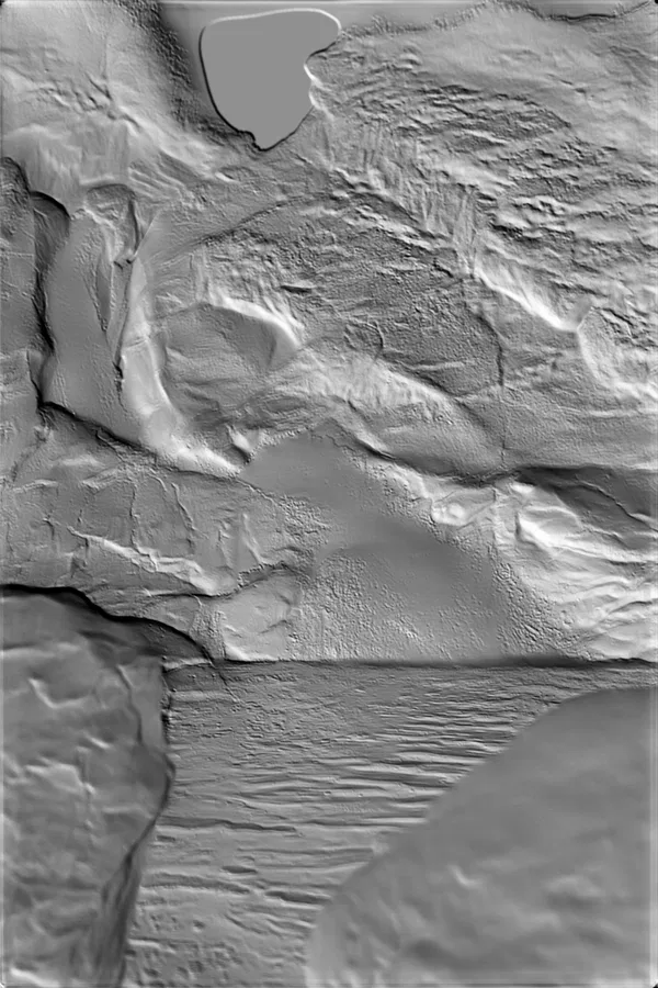 Modello 3D bassorilievo di costa rocciosa con superficie d'acqua dettagliata, vista dall'alto