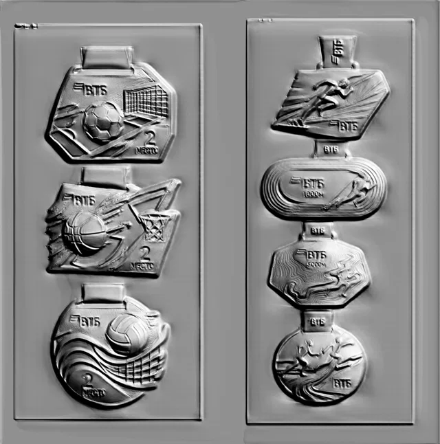 3D bas-relief model with sports medals: football, basketball, volleyball, athletics.