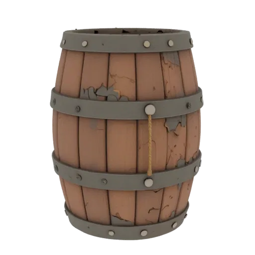 Pirate Barrel Printable 3D model, isometric STL render, showing wood planks, stackable massing.