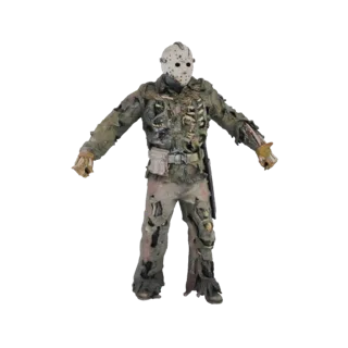 3D model of Jason Voorhees wearing a tattered costume and hockey mask, standing with arms outstretched.