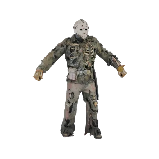 3D model of Jason Voorhees wearing a tattered costume and hockey mask, standing with arms outstretched.