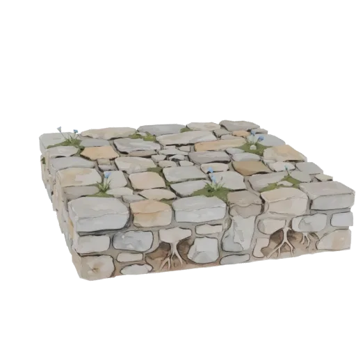 3D model of a weathered stone wall with green grass and small blue flowers growing between the stones, with roots visible at
