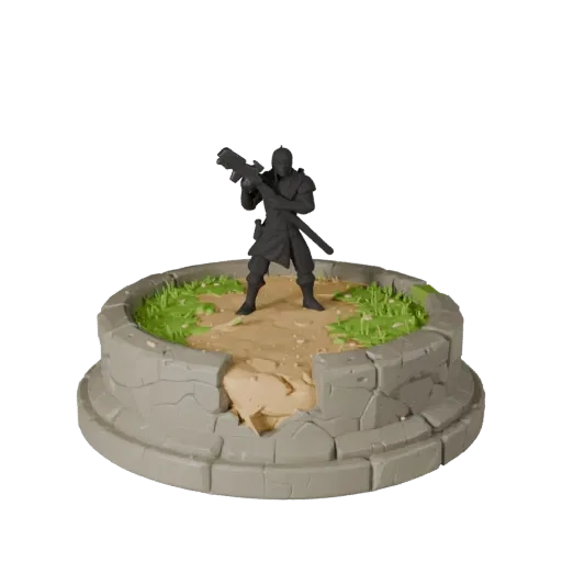 Ruined Oval Base stylized 3D model preview showing rim shape, three-quarter game view, height and ground texture