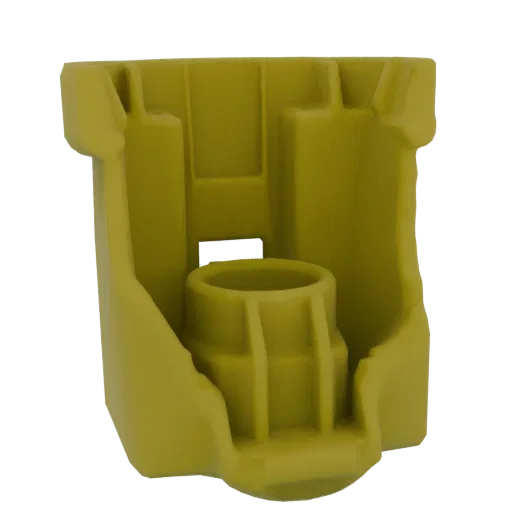 3D model of a yellow industrial bracket with a central cylindrical mounting feature, isolated on a white background.